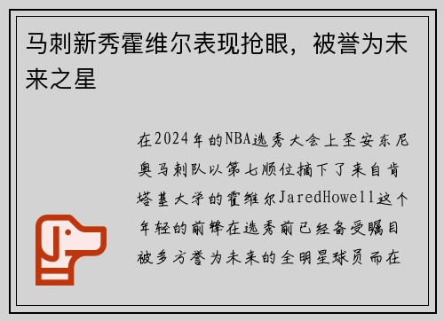 马刺新秀霍维尔表现抢眼，被誉为未来之星